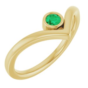 14K Yellow Gold Natural Emerald Bezel-Set V Ring