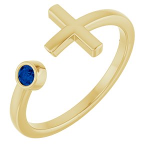 14K Yellow Gold Lab-Grown Blue Sapphire Negative Space Cross Ring