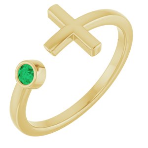 14K Yellow Gold Lab-Grown Emerald Negative Space Cross Ring