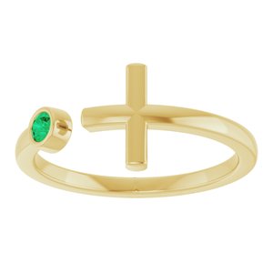 14K Yellow Gold Lab-Grown Emerald Negative Space Cross Ring