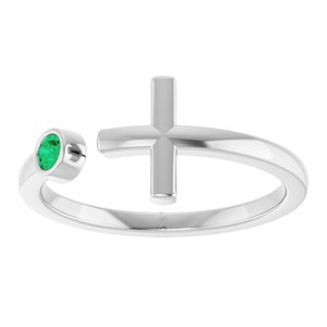 14K White Gold Lab-Grown Emerald Negative Space Cross Ring