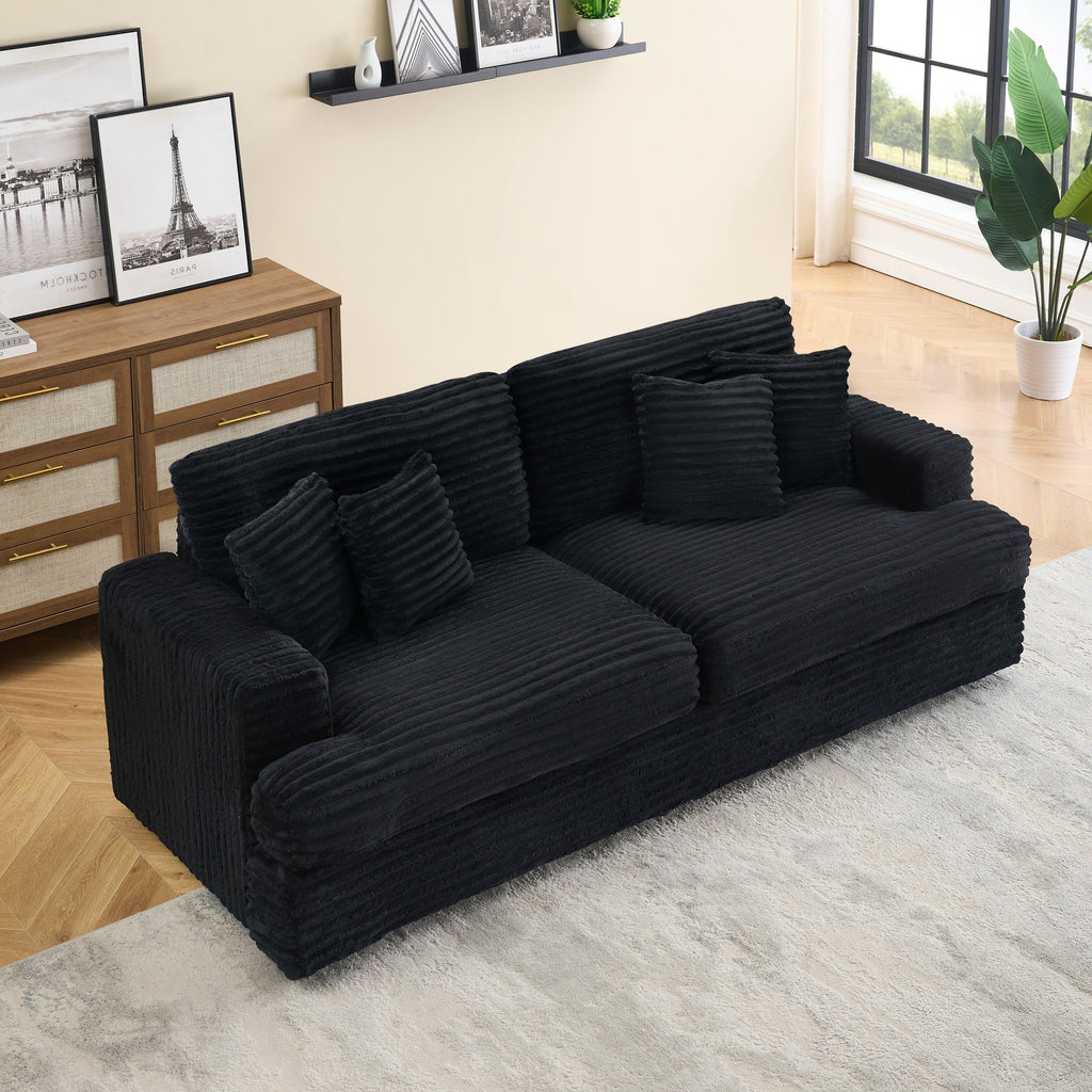 79.3 'long, corduroy sofa with 4 matching pillows, stylish design spacious and comfortable 3-seater sofa suitable for modern living room, black