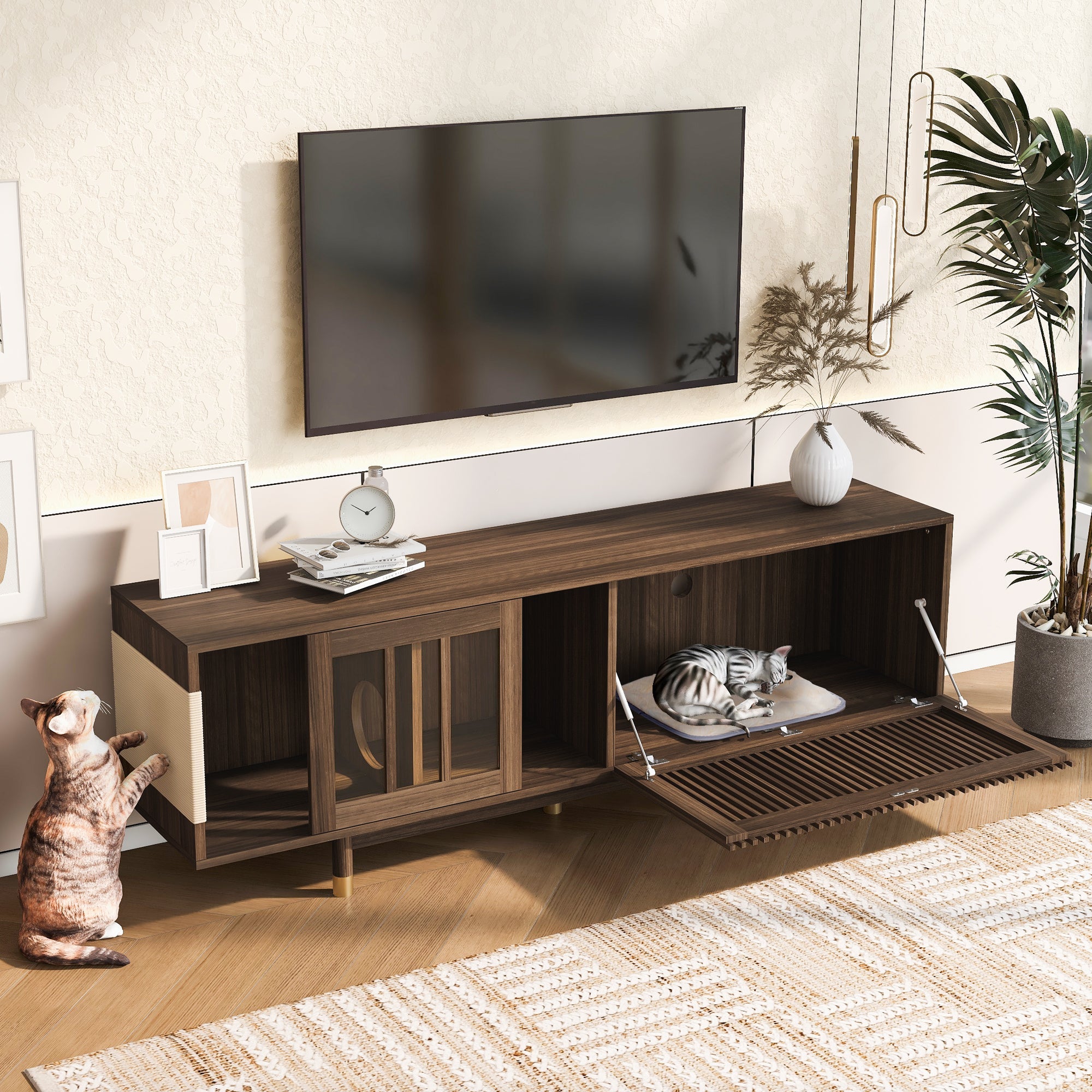 Mid-Century Modern style 2 IN 1 Cat Furniture Walnut TV STAND with Cat Scratcher, Cat house With Sliding Flip-down glass door