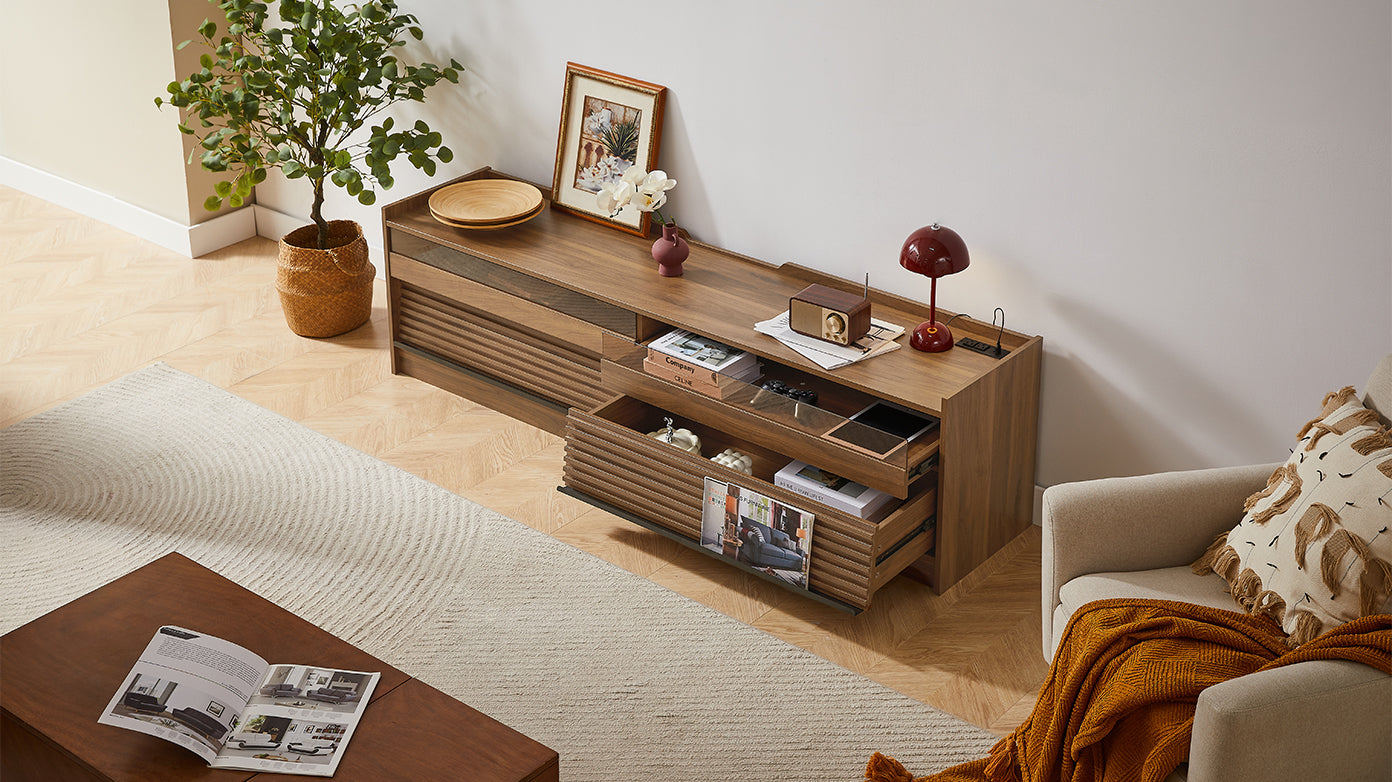 Mirod Modern TV Stand with Ample Storage,4 Drawer Design with Tempered Glass ,Built-in Charging Ports and Ambient LED Lighting ,Versatile for Any Decor Style