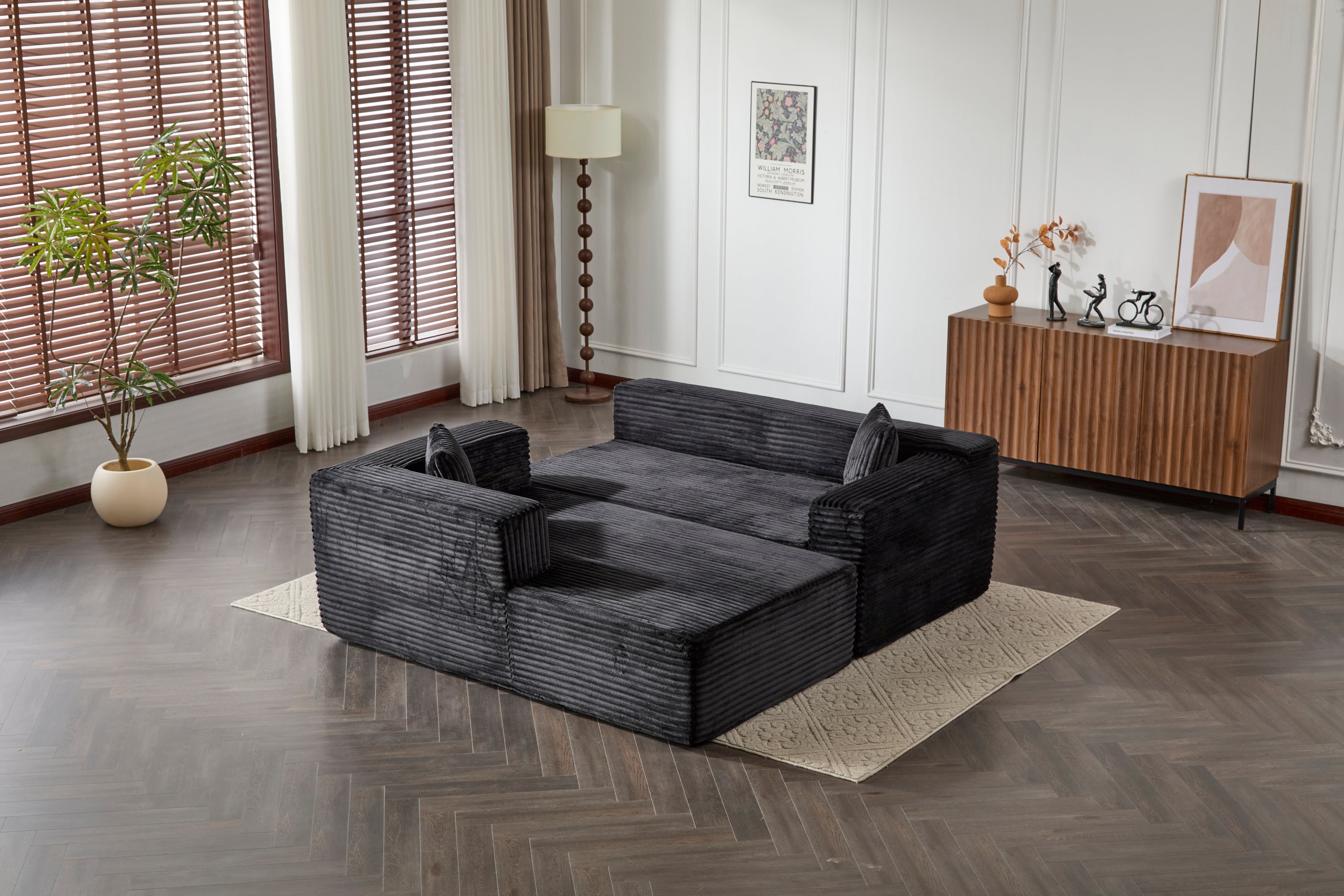 Compression Sectional Couch with Comfy Chaise, Boneless L Shape Sofa with Deep Seat, Minimalist Modular Couches Sleeper for Living Room Bedroom Apartment Lounge,corduroy,Black