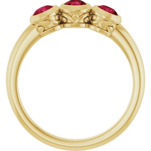 14K Yellow Gold Lab-Grown Ruby Three-Stone Bezel-Set Ring
