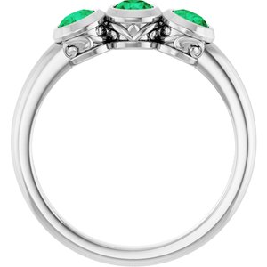 14K White Gold Natural Emerald Three-Stone Ring