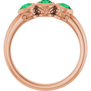 14K Rose Gold Lab-Grown Emerald Three-Stone Bezel-Set Ring