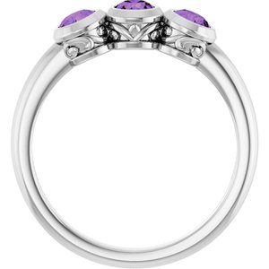 14K White Gold Natural Amethyst Three-Stone Ring