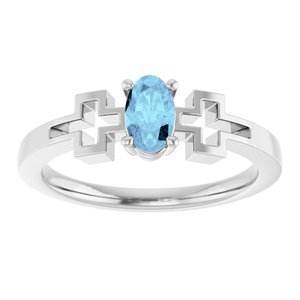 14K White Gold Natural Aquamarine Youth Cross Ring