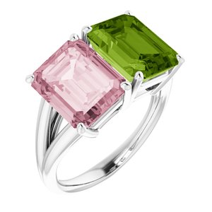 14K White Gold Natural Peridot & Natural Pink Topaz Ring