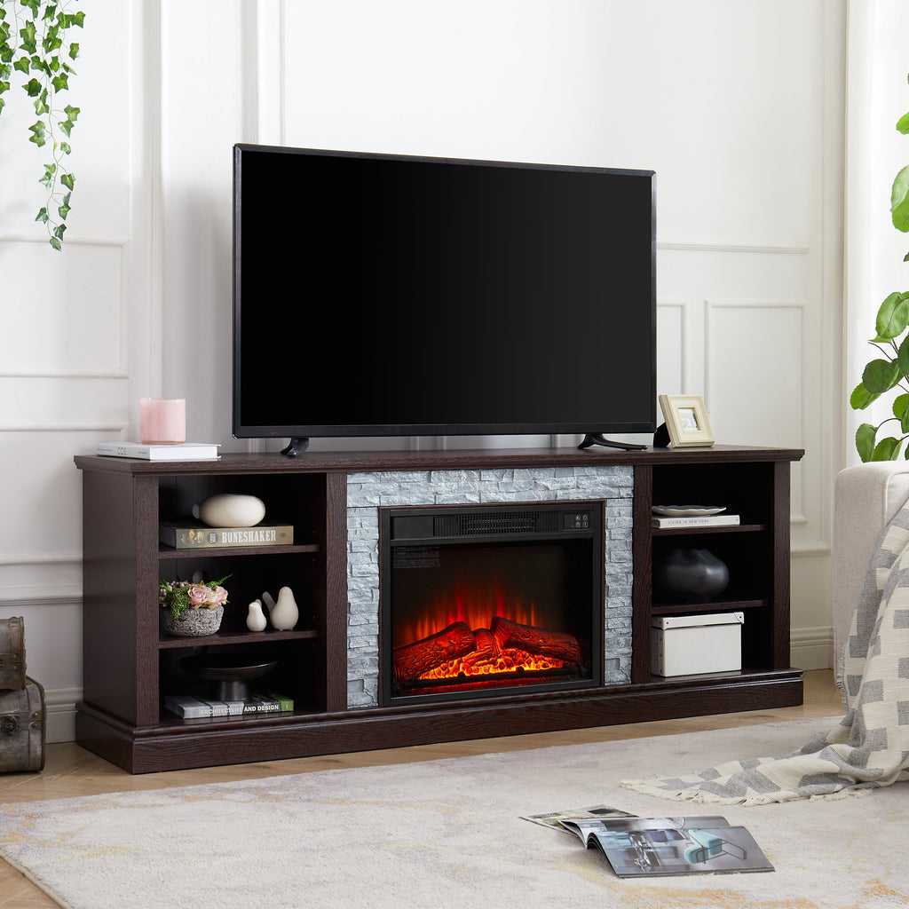 Large TV Desk Storage Rack with Faux Stacked Stone Surround,Media Console Table with Large Storage Cabinet,Modern  TV Media Stand with 23' Fireplace Insert,Cherry, 70.12'W*15.35'D*25.83'H