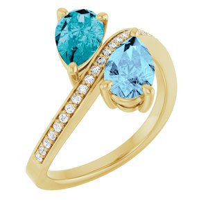 14K Yellow Gold Natural Aquamarine, Natural London Blue Topaz & 1/8 CTW Natural Diamond Ring