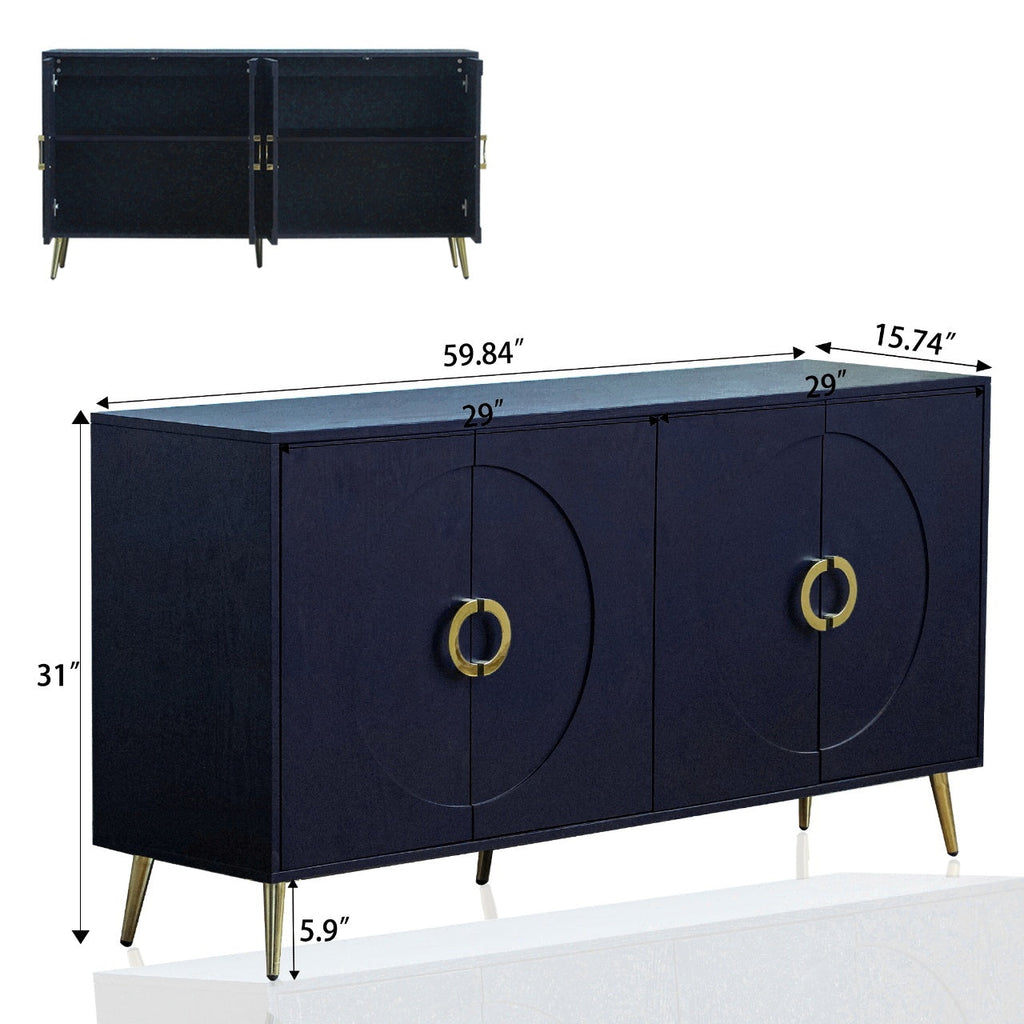 Modern Lacquered 4 Door Wooden Cabinet Sideboard Buffet Server Cabinet Storage Cabinet, for Living Room, Entryway, Hallway, Office, Kitchen and Dining Room, Navy Blue