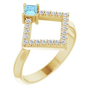 14K Yellow Gold Natural Aquamarine & 1/5 CTW Natural Diamond Geometric Ring