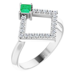 14K White Gold Natural Emerald & 1/5 CTW Natural Diamond Geometric Ring
