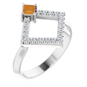 14K White Gold Natural Citrine & 1/5 CTW Natural Diamond Geometric Ring