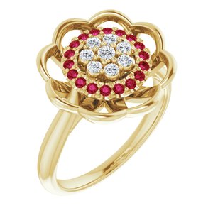14K Yellow Gold  Natural Ruby & 1/6 CTW Natural Diamond Halo-Style Cluster Ring