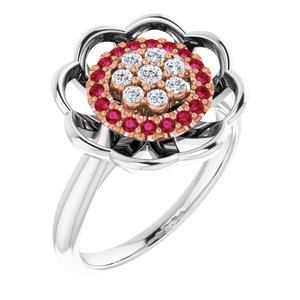 14K White/Rose Gold  Natural Ruby & 1/6 CTW  Natural Diamond Halo-Style Cluster Ring