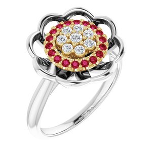14K White/Yellow Gold  Natural Ruby & 1/6 CTW  Natural Diamond Halo-Style Cluster Ring
