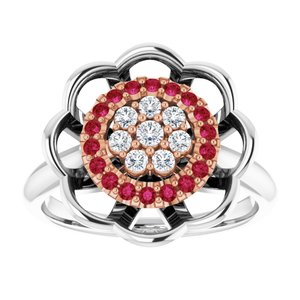 14K White/Rose Gold  Natural Ruby & 1/6 CTW  Natural Diamond Halo-Style Cluster Ring