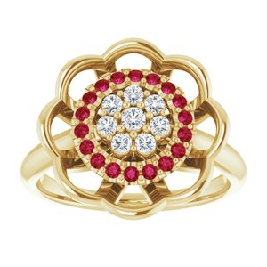 14K Yellow Gold  Natural Ruby & 1/6 CTW Natural Diamond Halo-Style Cluster Ring