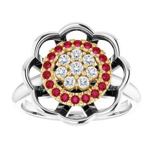 14K White/Yellow Gold  Natural Ruby & 1/6 CTW  Natural Diamond Halo-Style Cluster Ring