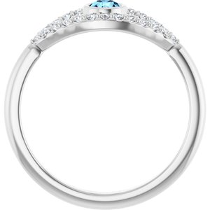 14K White Gold Natural Aquamarine & Natural White Sapphire Evil Eye Ring