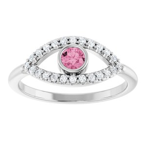 Sterling Silver Natural Pink Tourmaline & Natural White Sapphire Evil Eye Ring
