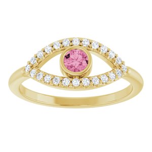 14K Yellow Gold Natural Pink Tourmaline & Natural White Sapphire Evil Eye Ring