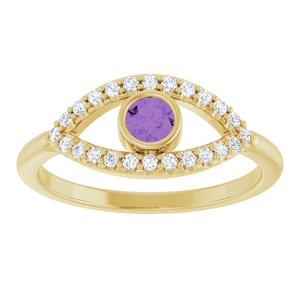 14K Yellow Gold Natural Amethyst & Natural White Sapphire Evil Eye Ring