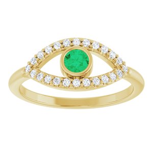 14K Yellow Gold Natural Emerald & Natural White Sapphire Evil Eye Ring
