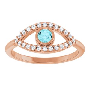 14K Rose Gold Natural Blue Zircon & Natural White Sapphire Evil Eye Ring
