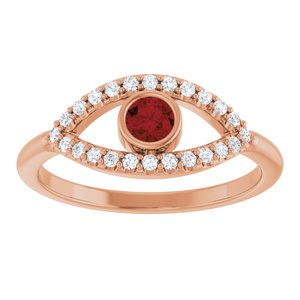 14K Rose Gold Natural Mozambique Garnet & Natural White Sapphire Evil Eye Ring