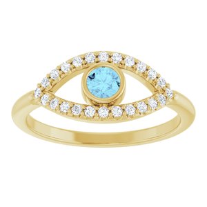 14K Yellow Gold Natural Aquamarine & Natural White Sapphire Evil Eye Ring