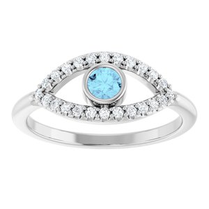 14K White Gold Natural Aquamarine & Natural White Sapphire Evil Eye Ring