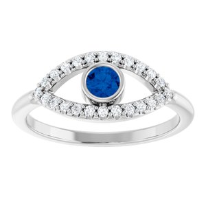 Sterling Silver Natural Blue Sapphire & Natural White Sapphire Evil Eye Ring