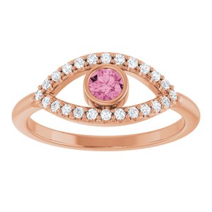 14K Rose Gold Natural Pink Tourmaline & Natural White Sapphire Evil Eye Ring