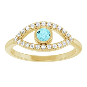 14K Yellow Gold Natural Blue Zircon & Natural White Sapphire Evil Eye Ring