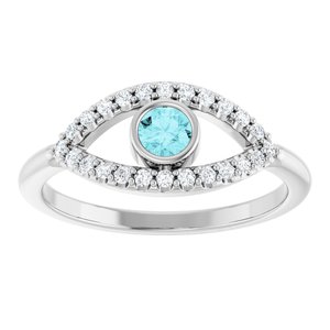 14K White Gold Natural Blue Zircon & Natural White Sapphire Evil Eye Ring