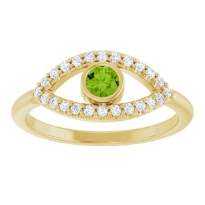 14K Yellow Gold Natural Peridot & Natural White Sapphire Evil Eye Ring