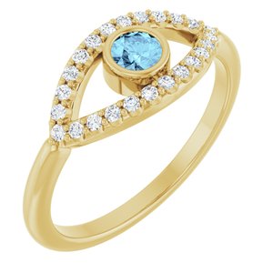 14K Yellow Gold Natural Aquamarine & Natural White Sapphire Evil Eye Ring