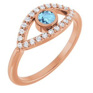 14K Rose Gold Natural Aquamarine & Natural White Sapphire Evil Eye Ring