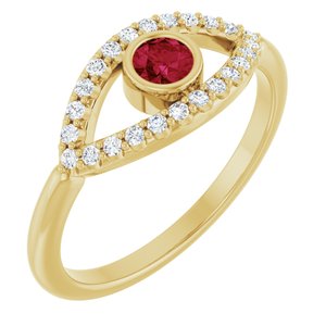 14K Yellow Gold Natural Ruby & Natural White Sapphire Evil Eye Ring