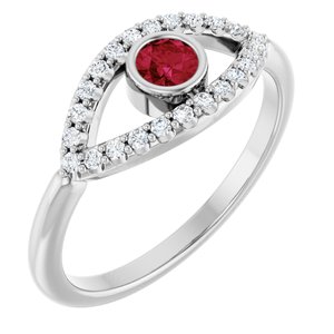 14K White Gold Natural Ruby & Natural White Sapphire Evil Eye Ring