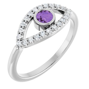 14K White Gold Natural Amethyst & Natural White Sapphire Evil Eye Ring