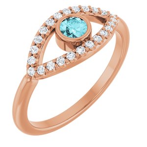 14K Rose Gold Natural Blue Zircon & Natural White Sapphire Evil Eye Ring