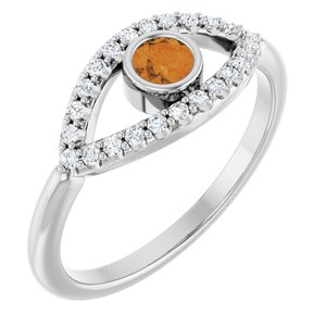 14K White Gold Natural Citrine & Natural White Sapphire Evil Eye Ring