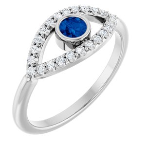 14K White Gold Natural Blue Sapphire & Natural White Sapphire Evil Eye Ring