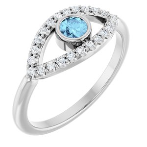 Platinum Natural Aquamarine & Natural White Sapphire Evil Eye Ring